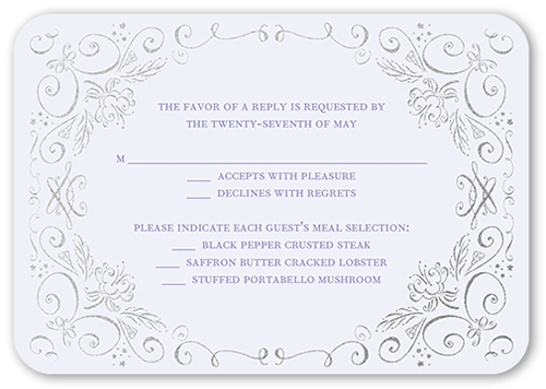 Whimsical Scrolls Wedding Response Card, Purple, Matte, Signature Smooth Cardstock, Rounded