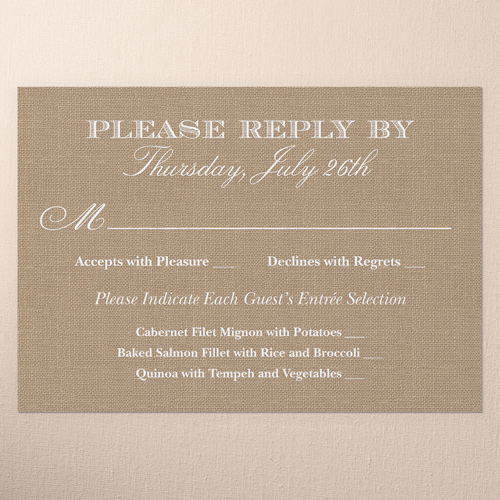 Burlap And Lace Wedding Response Card, Beige, Matte, 100% Recycled Cardstock , Square