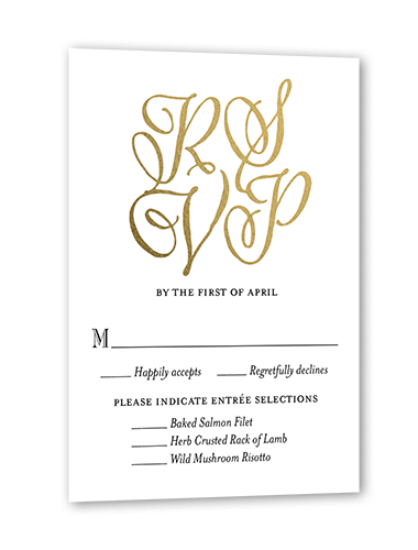 Spectacular Swirls Wedding Response Card, Gold Foil, Black, Matte, Pearl Shimmer Cardstock, Square