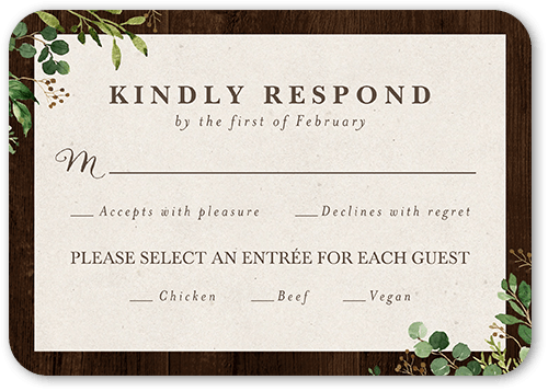 Woodgrain Floral Wedding Response Card, Brown, Pearl Shimmer Cardstock, Rounded