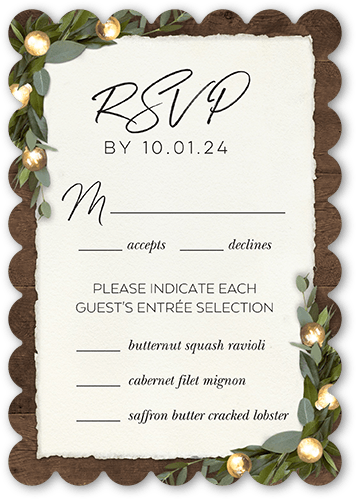 Rustic Dreams Wedding Response Card, Brown, Signature Smooth Cardstock, Scallop