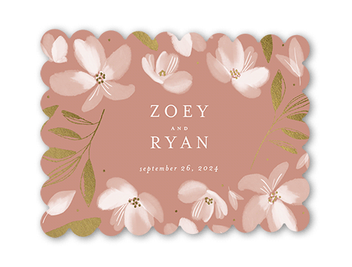 Whispy Florals Wedding Response Card, Pink, Gold Foil, Pearl Shimmer Cardstock, Scallop