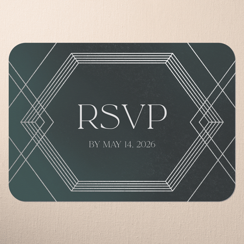 Diamond Deco Wedding Response Card, Silver Foil, Green, Signature Smooth Cardstock, Rounded