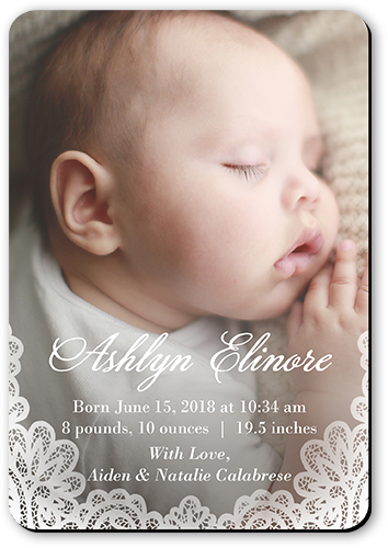 Elegant Lace Border Birth Announcement, White, Magnet, Matte