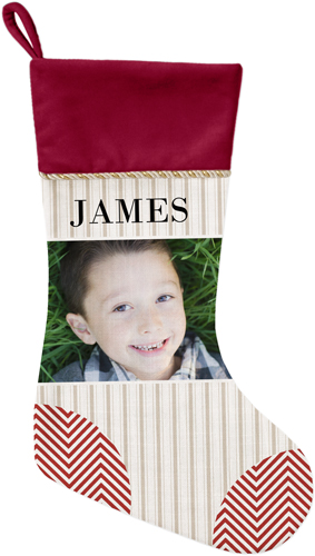 Photo Stripes and Chevrons Christmas Stocking, Red, Beige