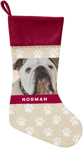 Paw Print Christmas Stocking, Red, Beige