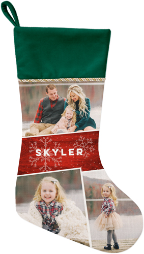 Snowflake Photo Collage Christmas Stocking, Green, Red