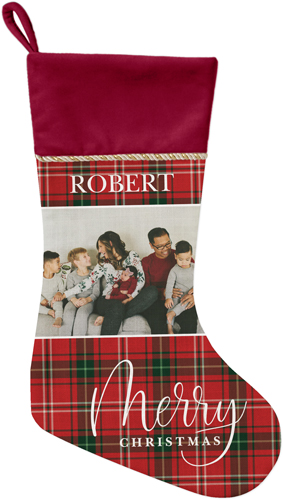 Merry Christmas Plaid Christmas Stocking, Red, Red