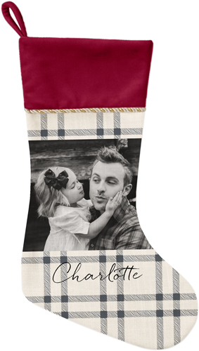 Classic Plaid Frame Christmas Stocking, Red, Beige, antique white