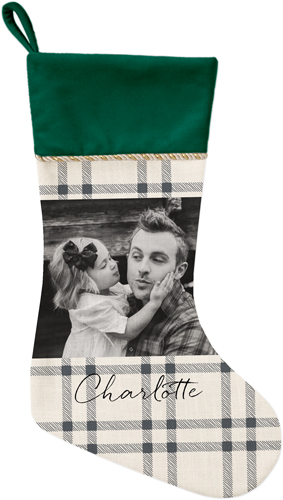 Classic Plaid Frame Christmas Stocking, Green, Beige