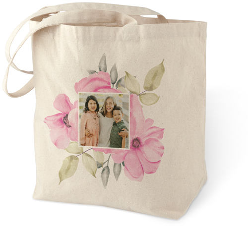Floral Border Frame Cotton Tote Bag, Pink