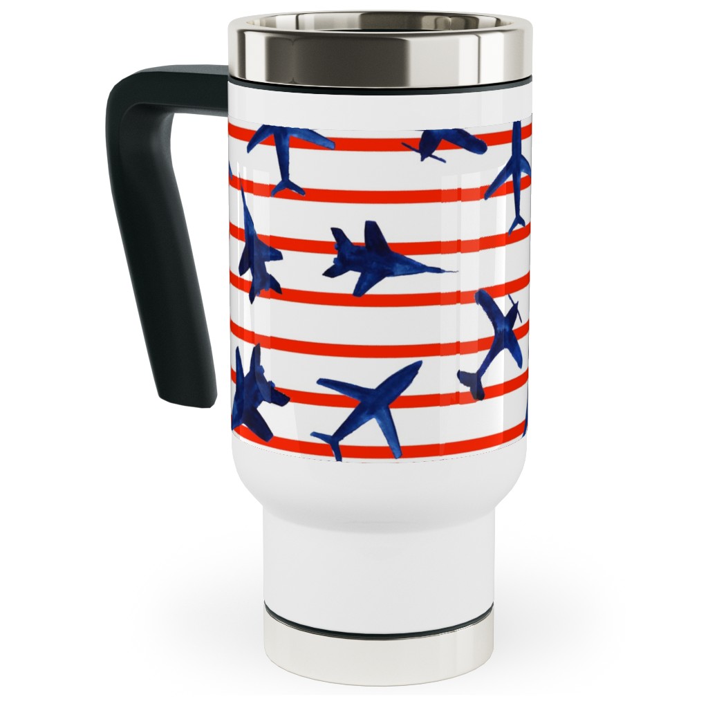 Patriotic Airplanes Watercolor - Blue With Red Stripes Travel Mug with Handle, 17oz, Blue