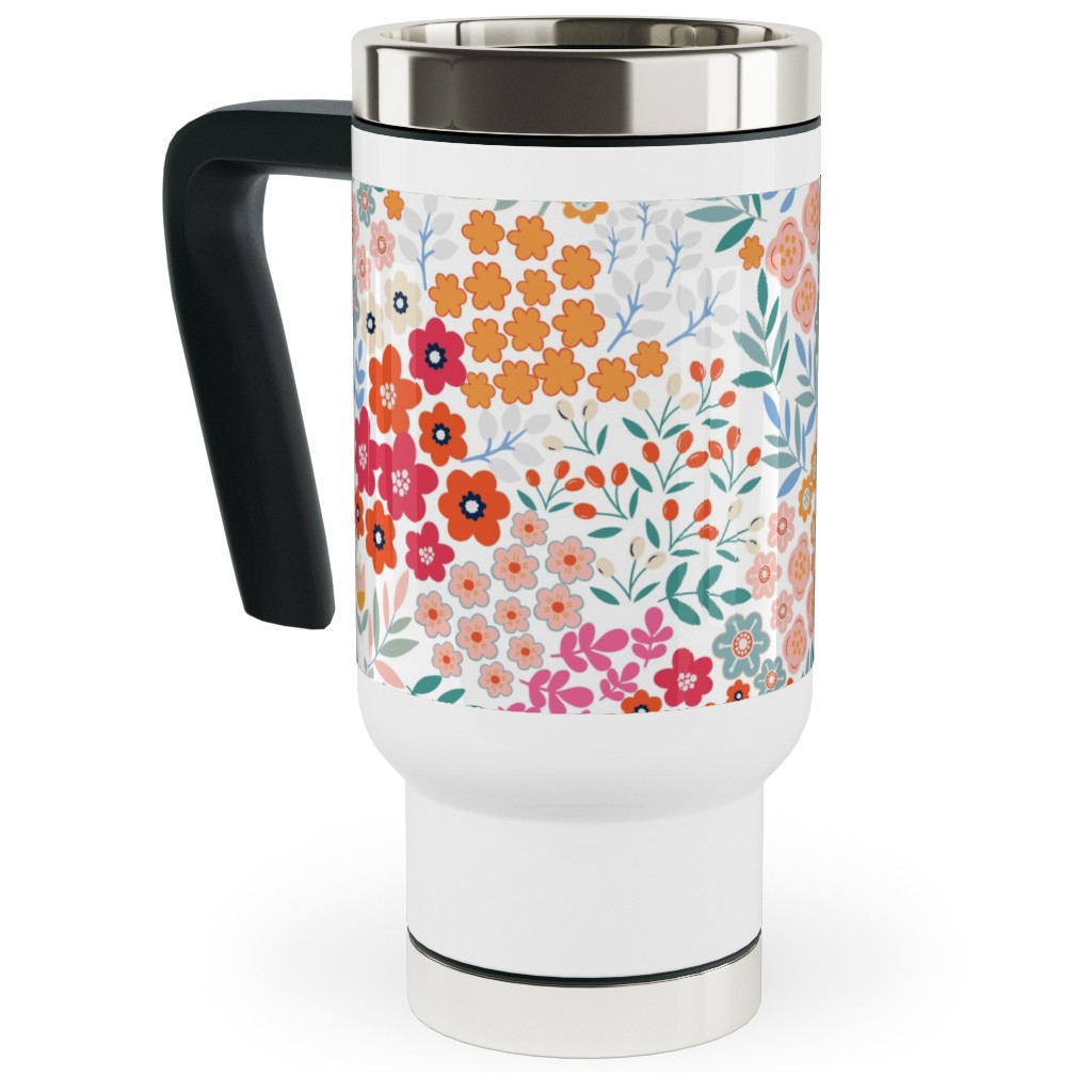 Summer Flower Travel Mug with Handle, 17oz, Multicolor, White