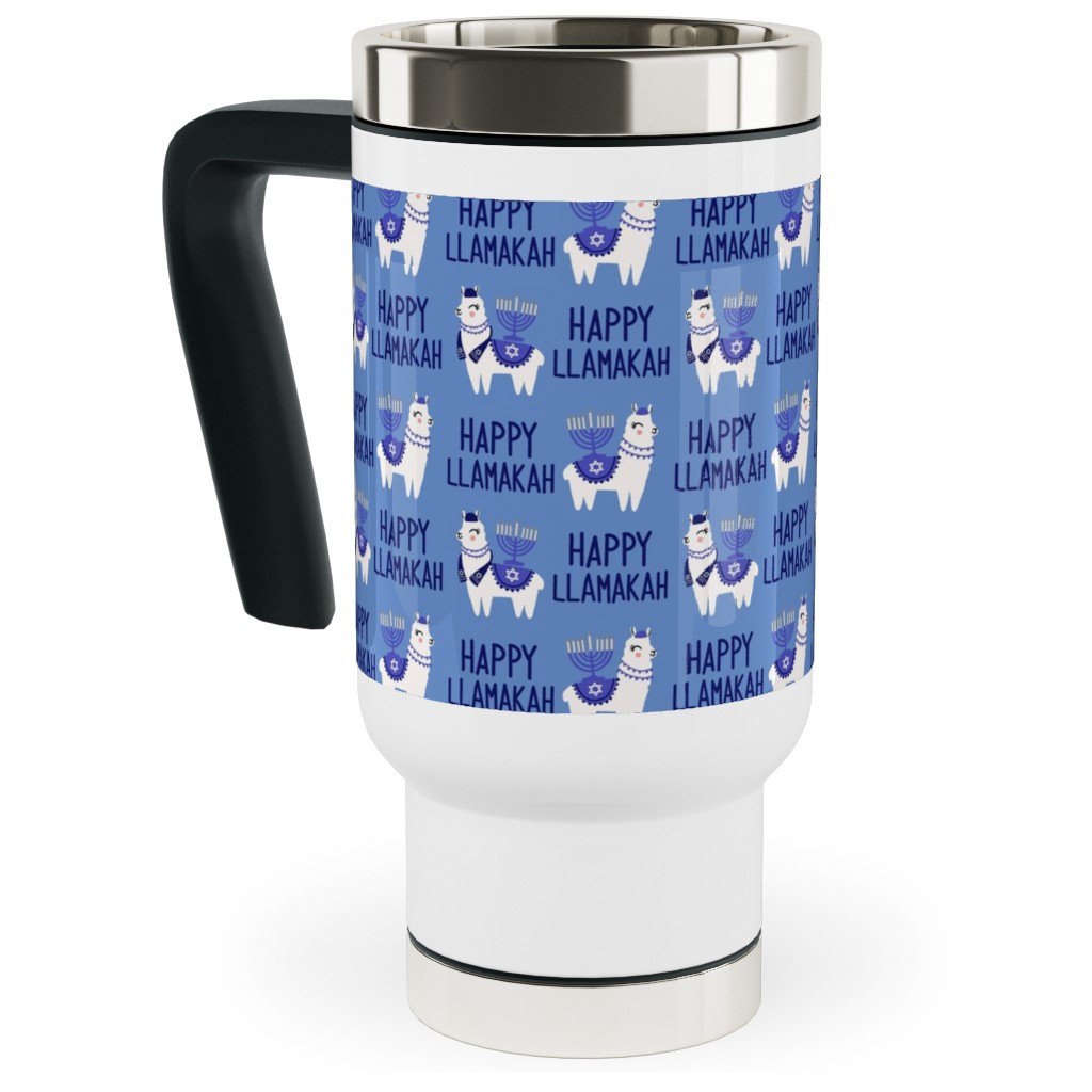 Happy Llamakah - Blue Travel Mug with Handle, 17oz, Blue