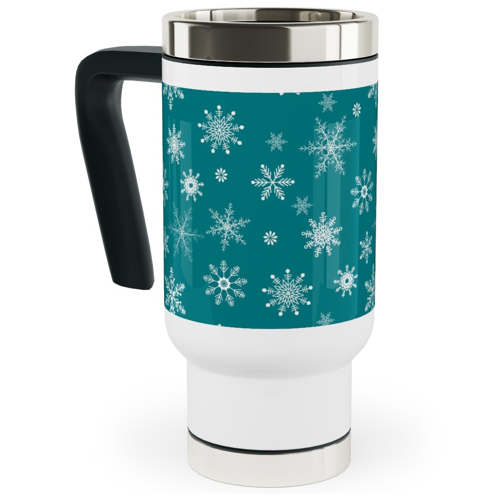 Snowflakes on Emerald Travel Mug with Handle, 17oz, Green