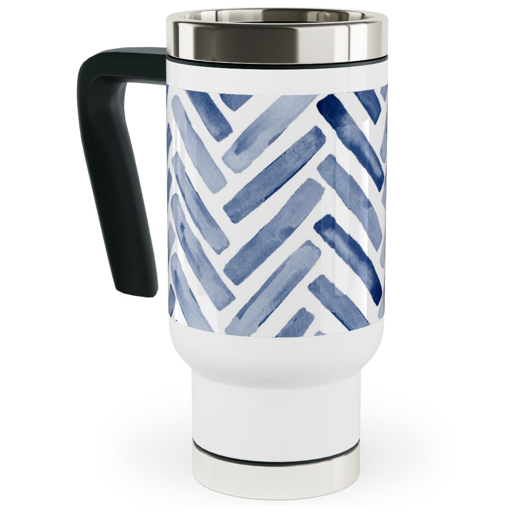 Painted Chevron Herringbone Travel Mug with Handle, 17oz, Blue, Ultramarine