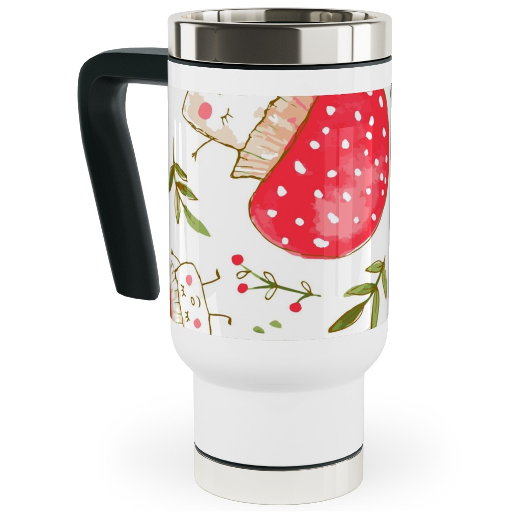 the Happiest Little Mushrooms - Red Travel Mug with Handle, 17oz, Red