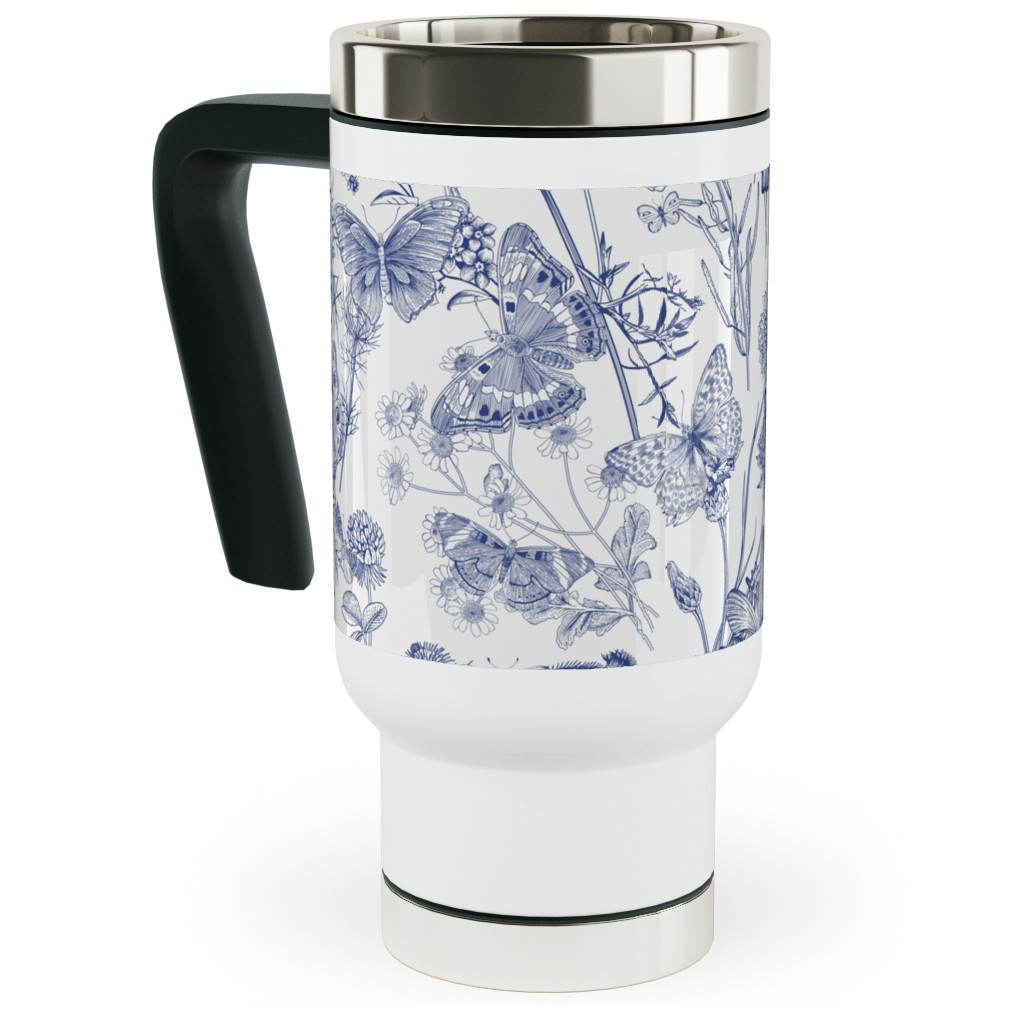 Butterflies and Wild Flowers Travel Mug with Handle, 17oz, Blue