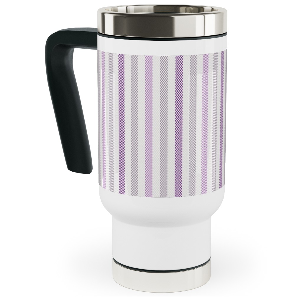 Tricolor French Ticking Stripe - Purple Travel Mug with Handle, 17oz, Purple