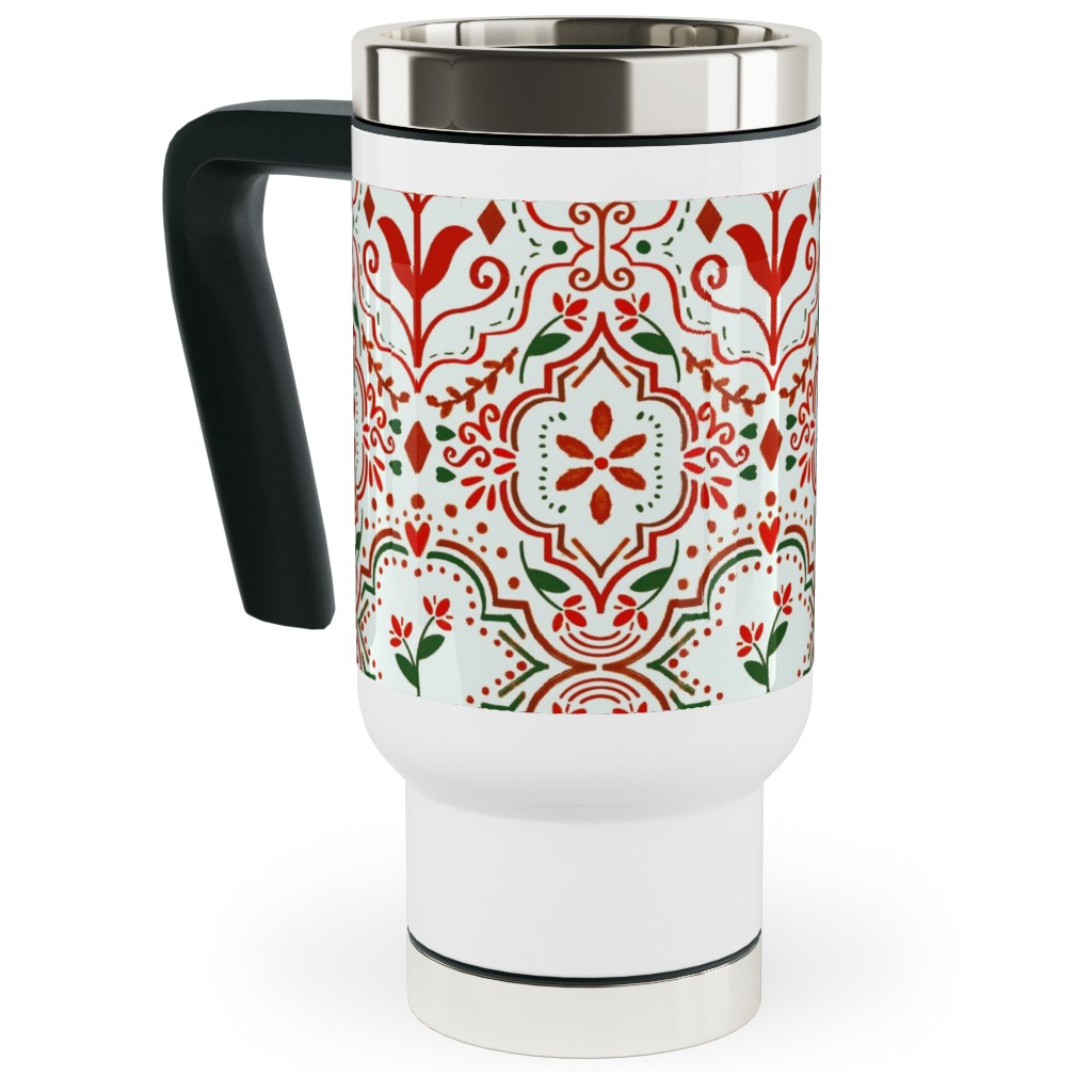 Moroccan Christmas Travel Mug with Handle, 17oz, Red