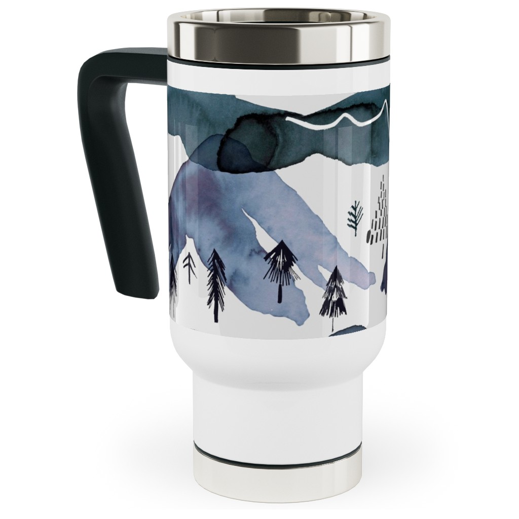 Watercolor Mountains Landscape - Blue Travel Mug with Handle, 17oz, Blue