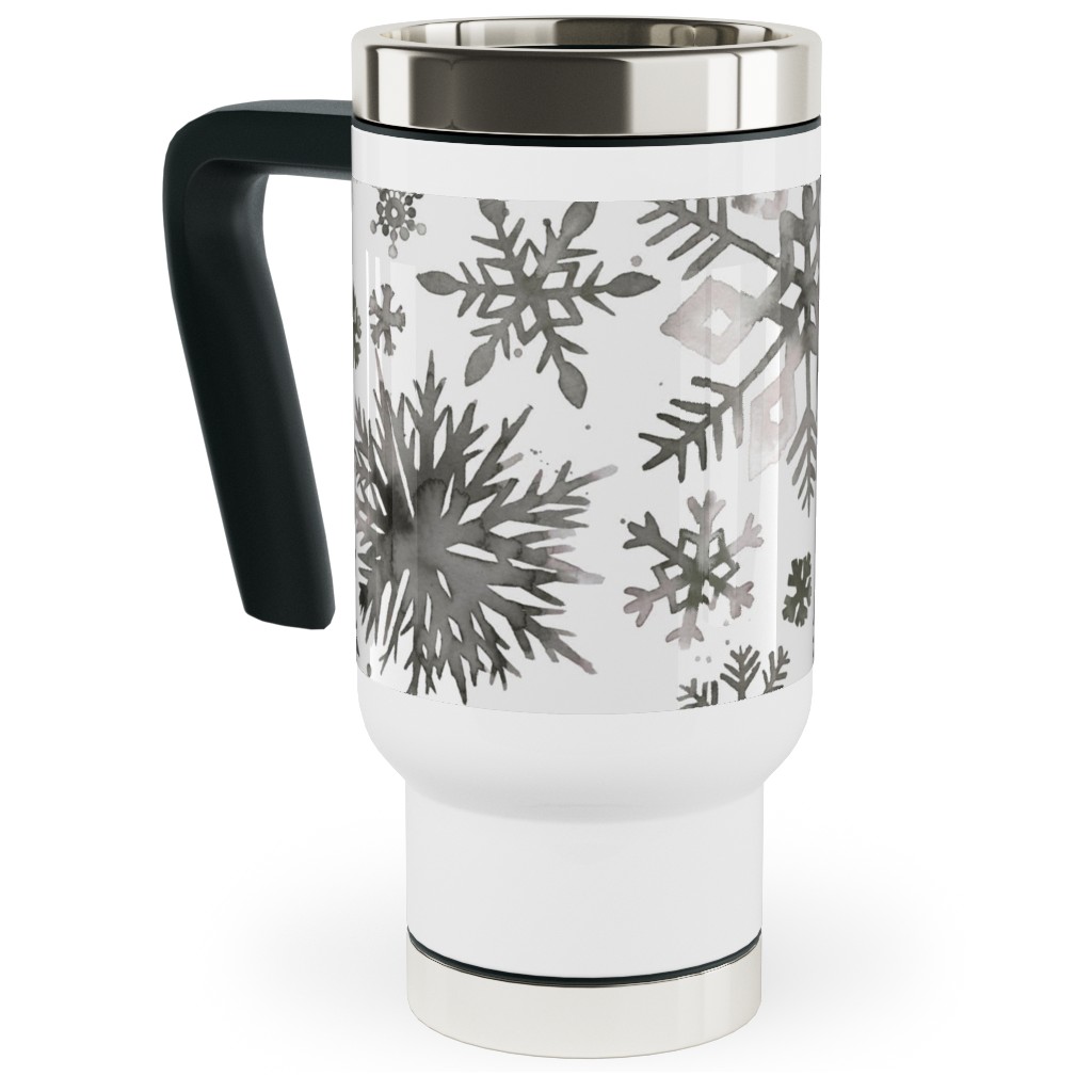 Winter Snowflakes - Gray Travel Mug with Handle, 17oz, Gray, Gray