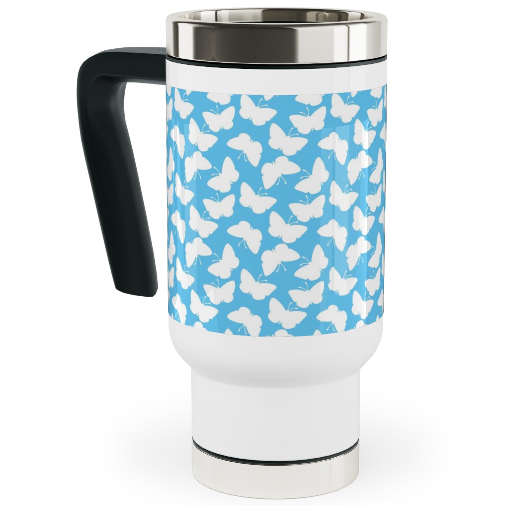 Butterflies - White on Blue Travel Mug with Handle, 17oz, Blue, True Blue