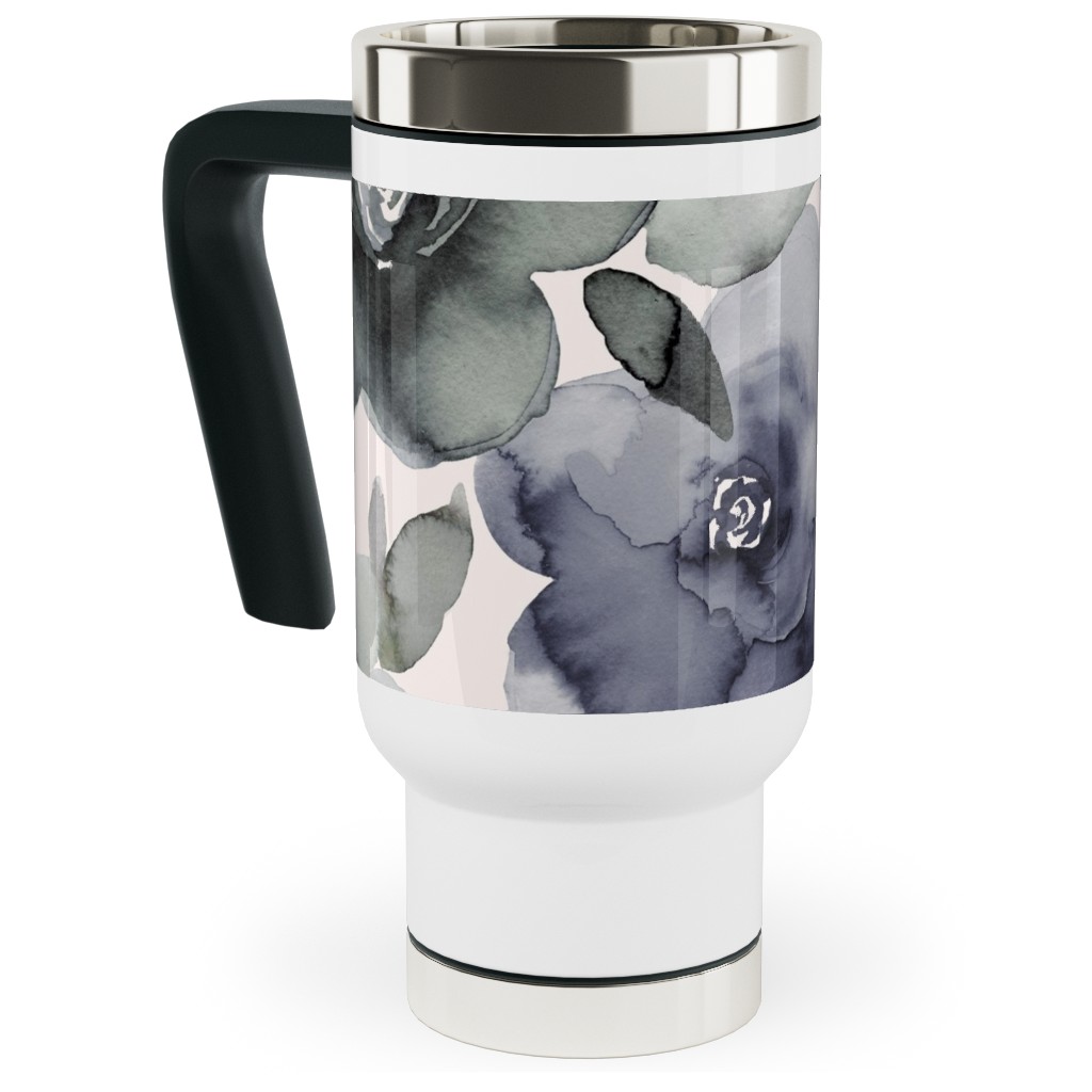 Wintery Watercolor Flower Bouquets - Navy Travel Mug with Handle, 17oz, Blue, True Blue