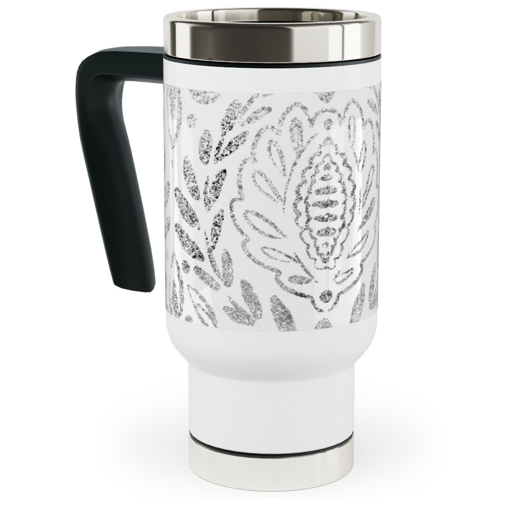 Distressed Damask Leaves - Grey Travel Mug with Handle, 17oz, Gray