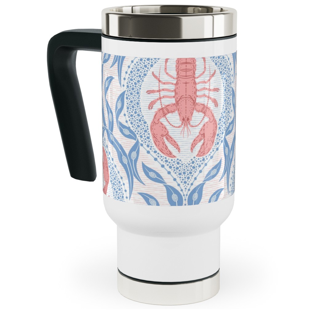 Lobster and Seaweed Nautical Damask - White, Coral Pink and Cornflower Blue Travel Mug with Handle, 17oz, Blue, True Blue