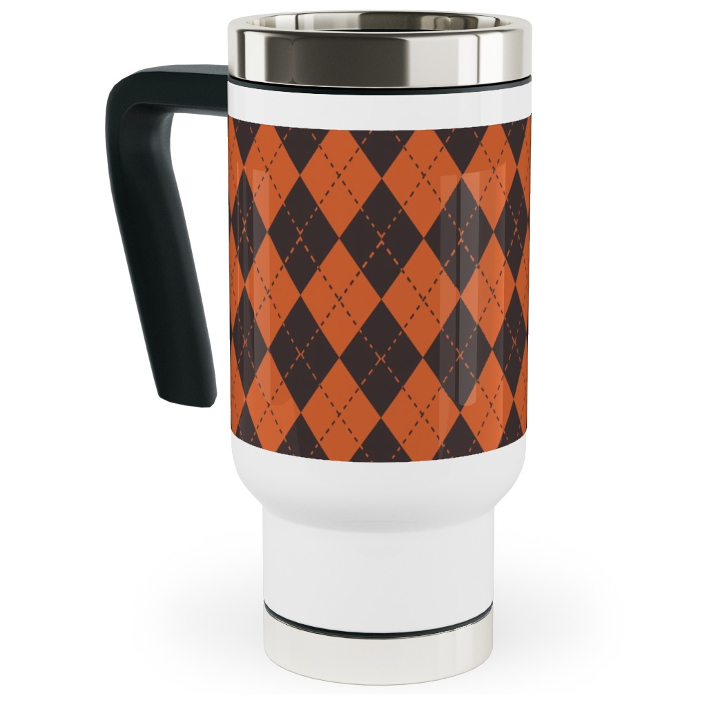 Halloween Argyle - Orange and Black Travel Mug with Handle, 17oz, Orange, Orange