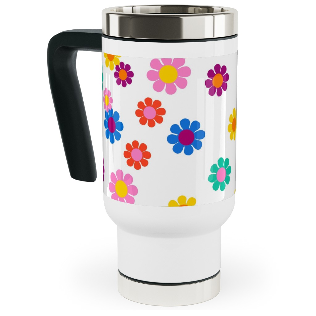 Rainbow Groovy Flowers Travel Mug with Handle, 17oz, Multicolor, White