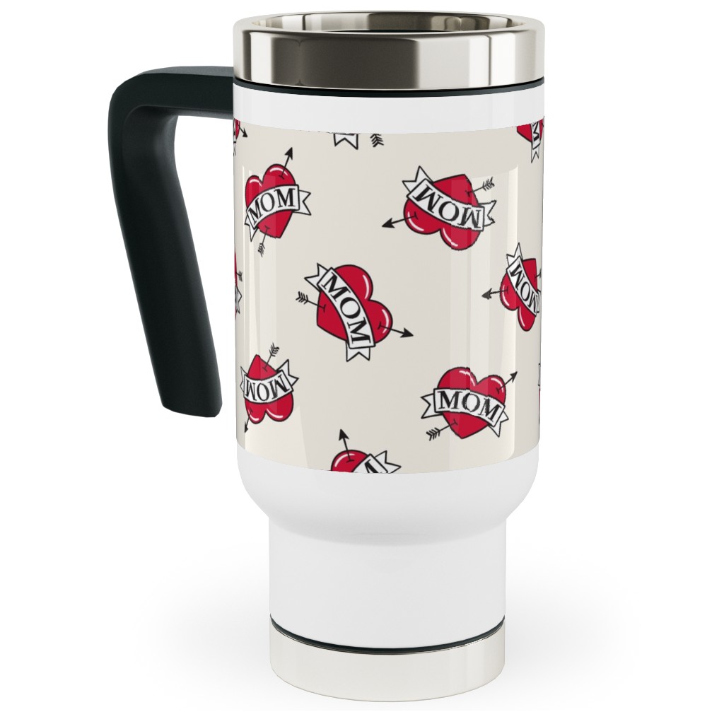 Mom Heart Tattoo - Red on Cream Travel Mug with Handle, 17oz, Red