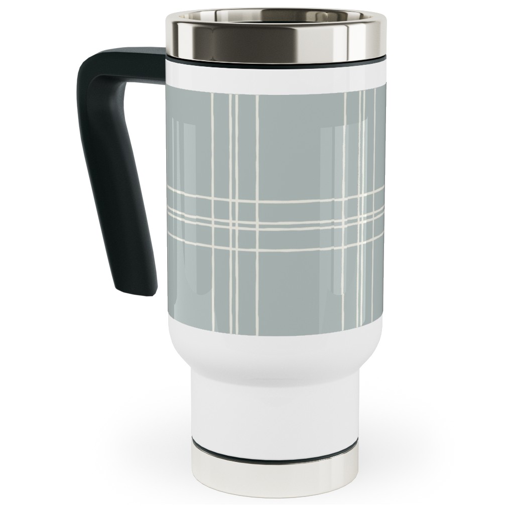 Lined Linens - Quad Plaid - Ivory, Blue Travel Mug with Handle, 17oz, Blue