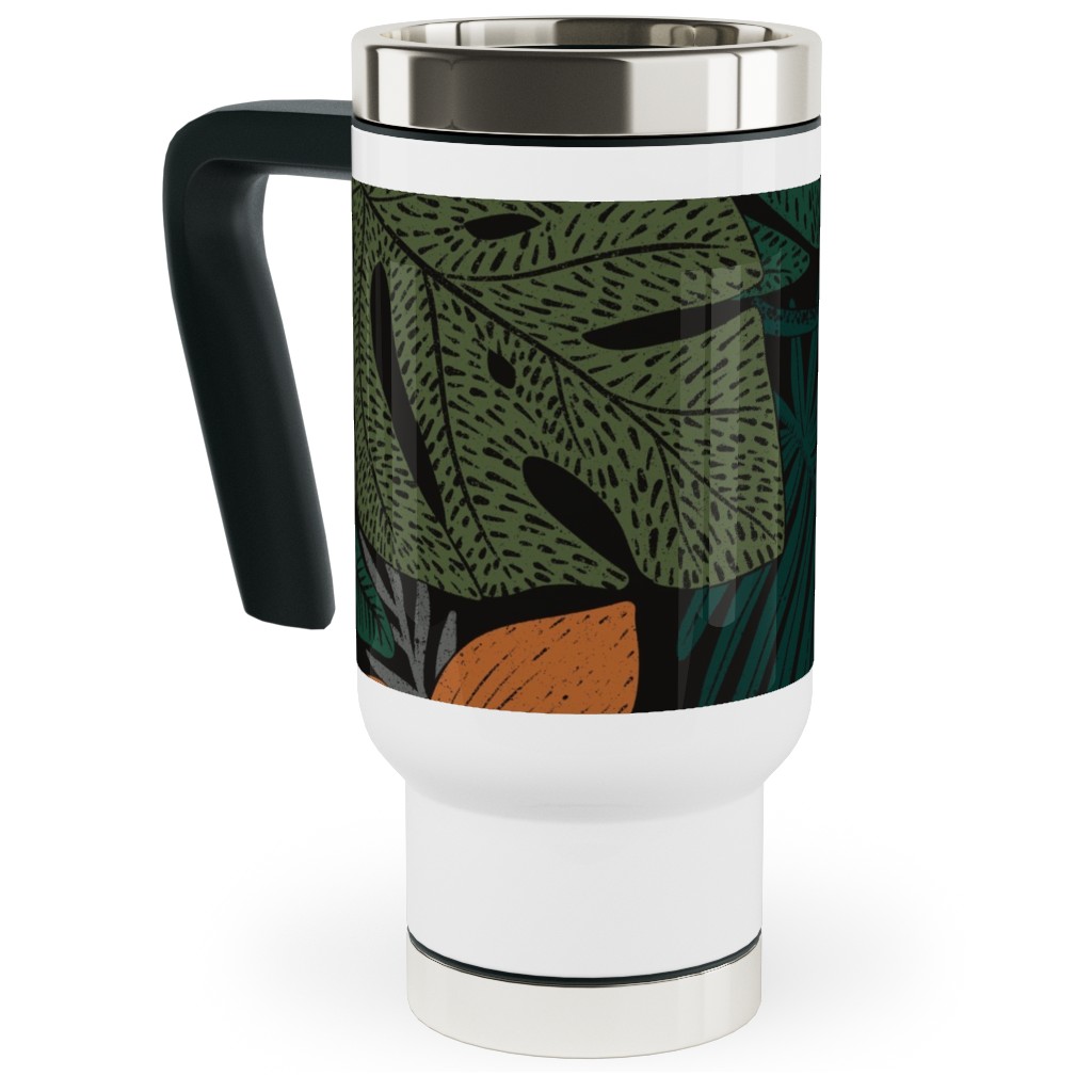 Moody Tropical Floral - Orange on Black Travel Mug with Handle, 17oz, Green, Classic Green