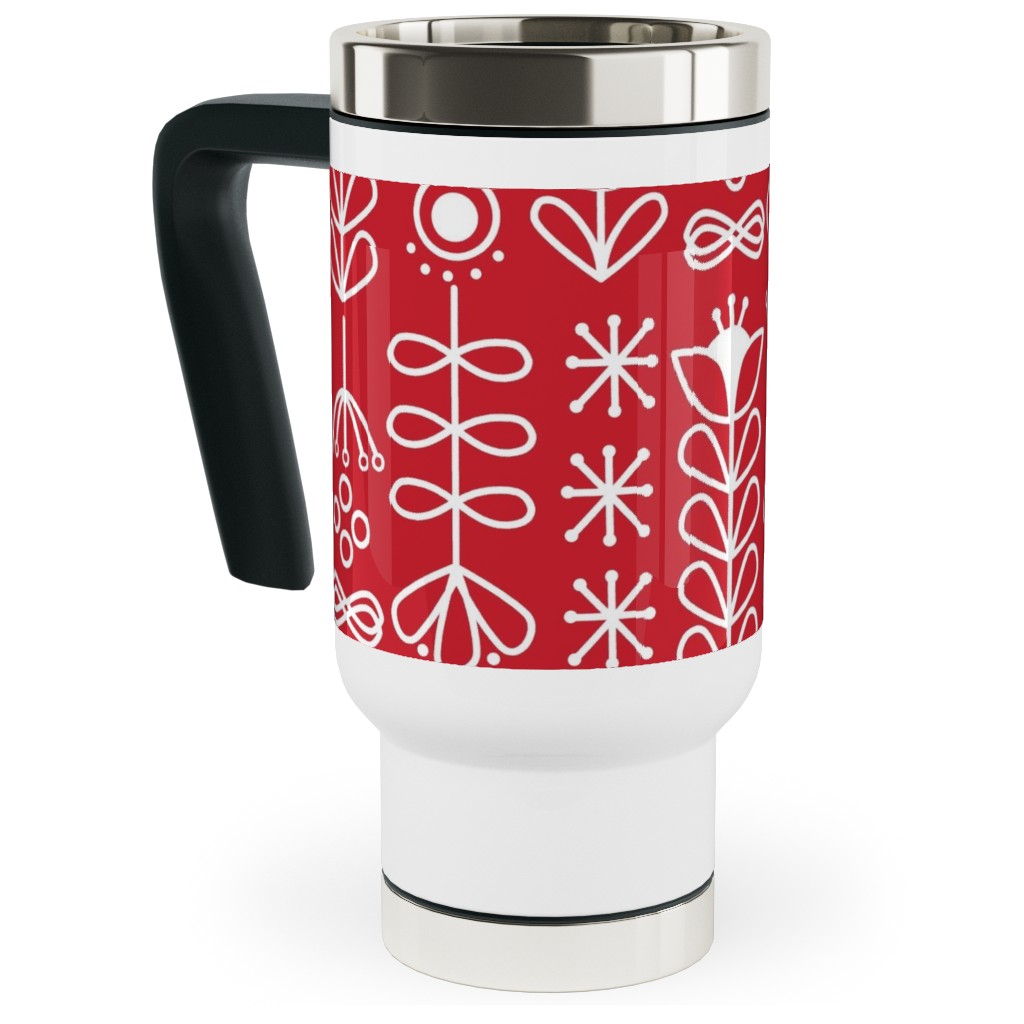Red and White Nordic Mod Floral Travel Mug with Handle, 17oz, Red
