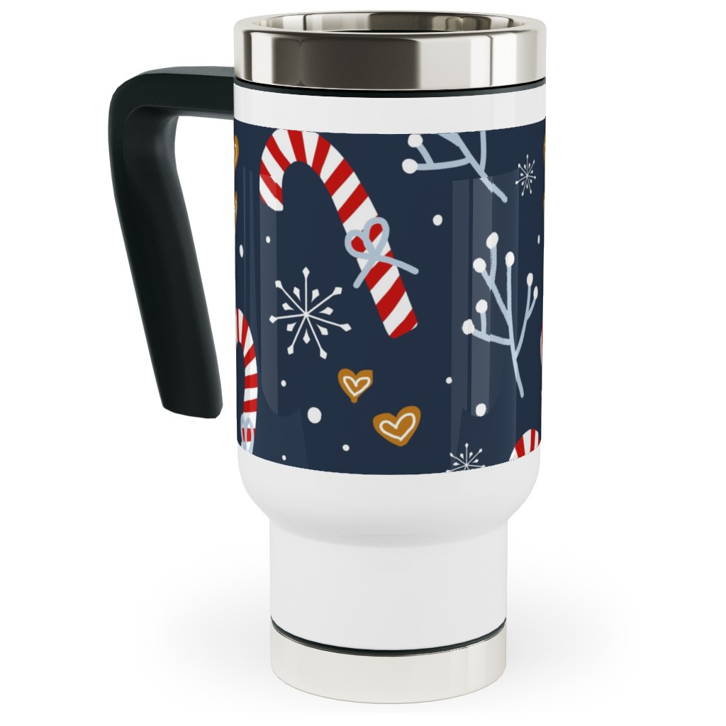Candy Canes and Gingerbread Hearts Travel Mug with Handle, 17oz, Blue