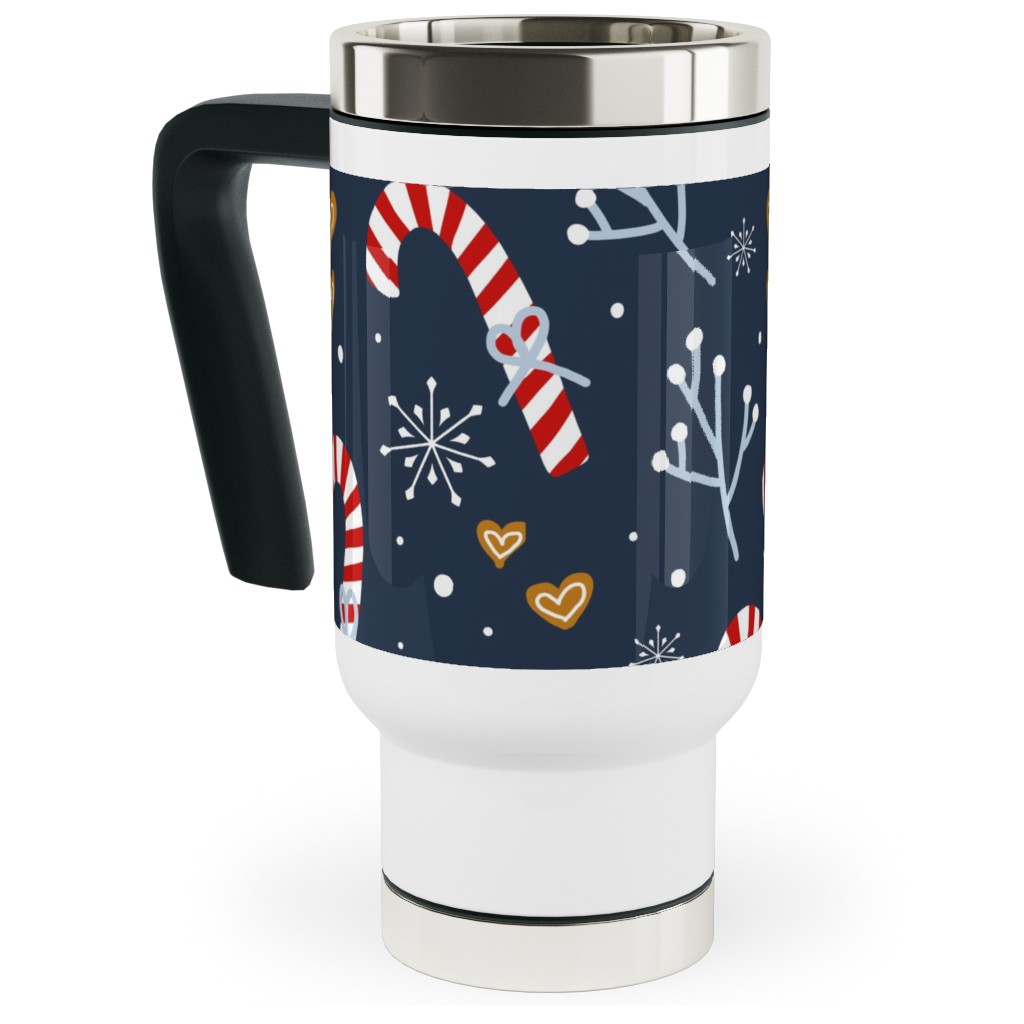Candy Canes and Gingerbread Hearts Travel Mug with Handle, 17oz, Blue, True Blue