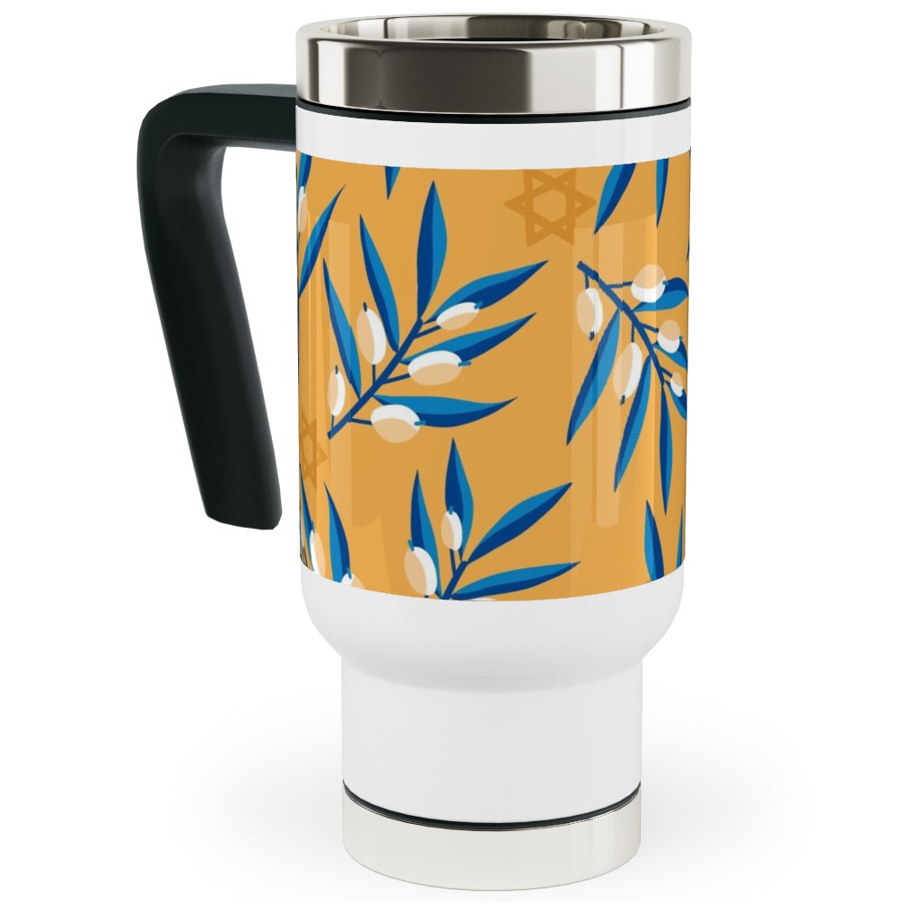 Olive Branches Hanukkah - Blue on Yellow Travel Mug with Handle, 17oz, Yellow