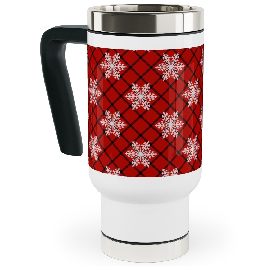 Snowy Winter Diagonal Checker Plaid - Red and Black Travel Mug with Handle, 17oz, Red