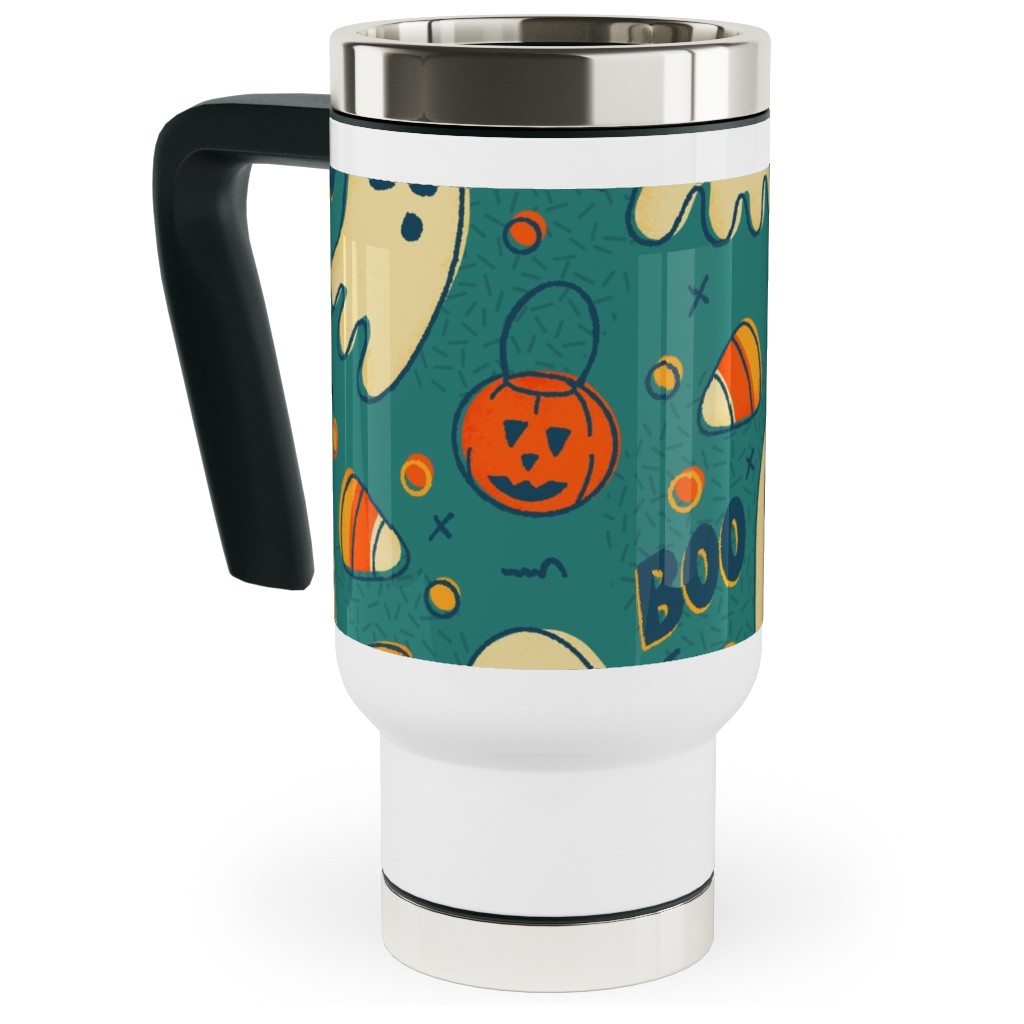 Candy Corn and Ghosts - Green Travel Mug with Handle, 17oz, Multicolor