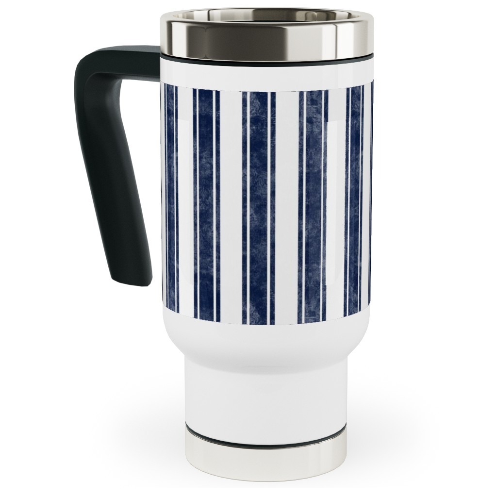 Vertical French Ticking Textured Pinstripes in Dark Midnight Navy and White Travel Mug with Handle, 17oz, Blue