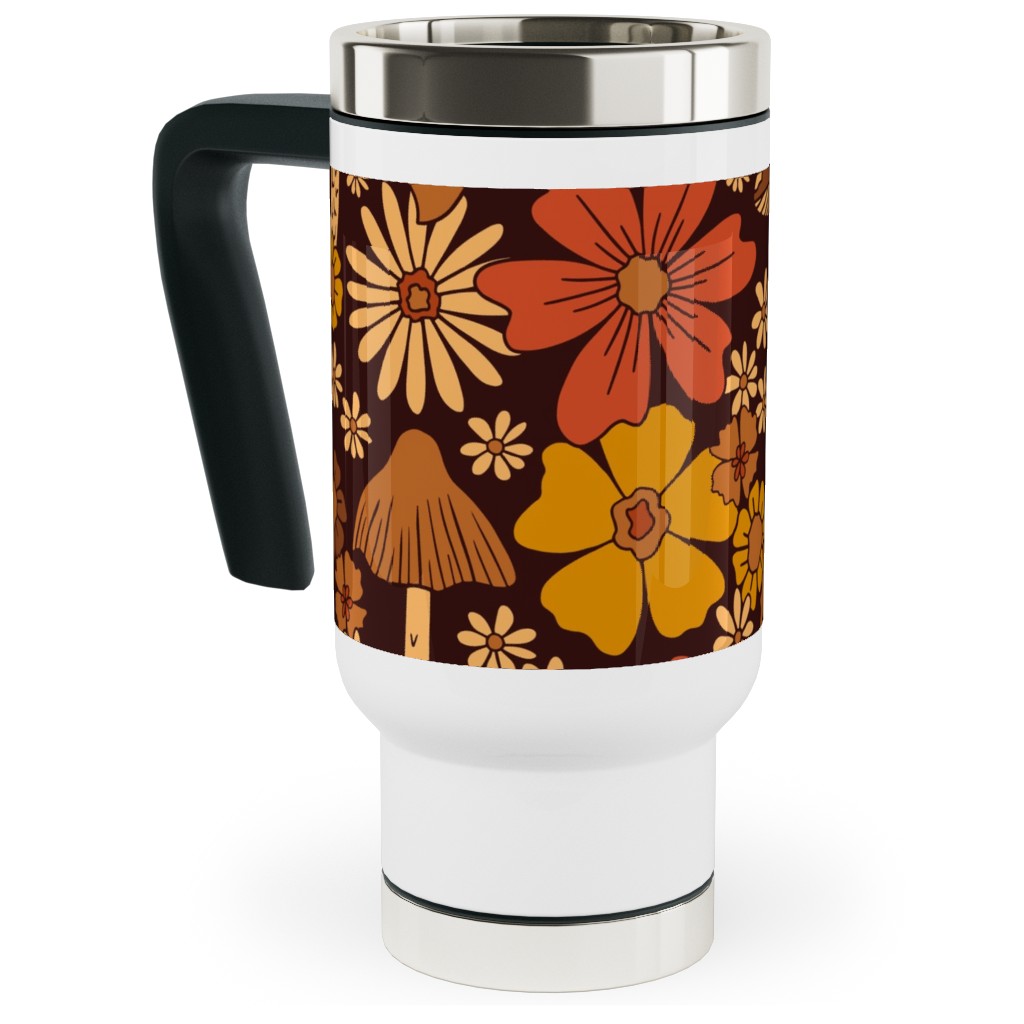 Retro 1970s Mushroom & Flowers - Brown and Orange Travel Mug with Handle, 17oz, Orange