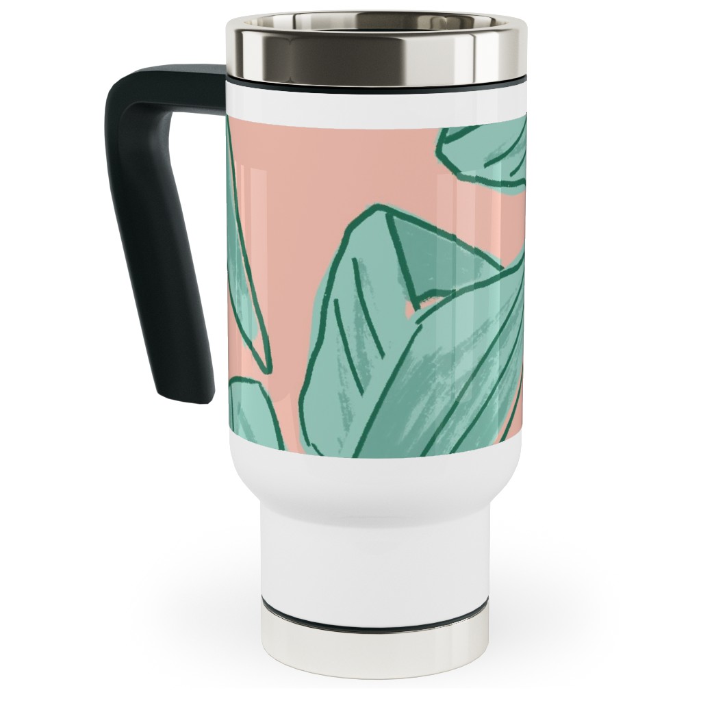 Lush Tropical Leaves - Pink and Mint Travel Mug with Handle, 17oz, Green