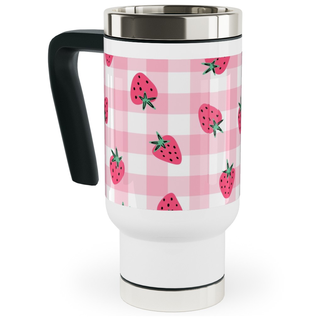 Summer Strawberry Gingham - Pink Travel Mug with Handle, 17oz, Pink