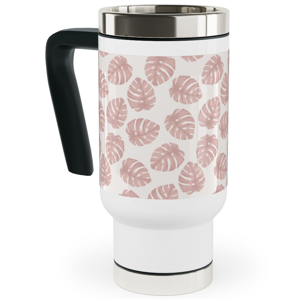 Boho Monstera Leaf - Light Pink on Off White Travel Mug with Handle, 17oz, Pink