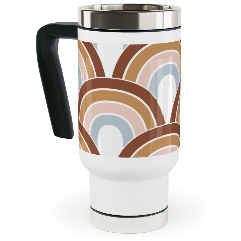 Retro Rainbow Waves - Scales and Curves - Rust Beige Blush Blue on White Travel Mug with Handle, 17oz, Orange