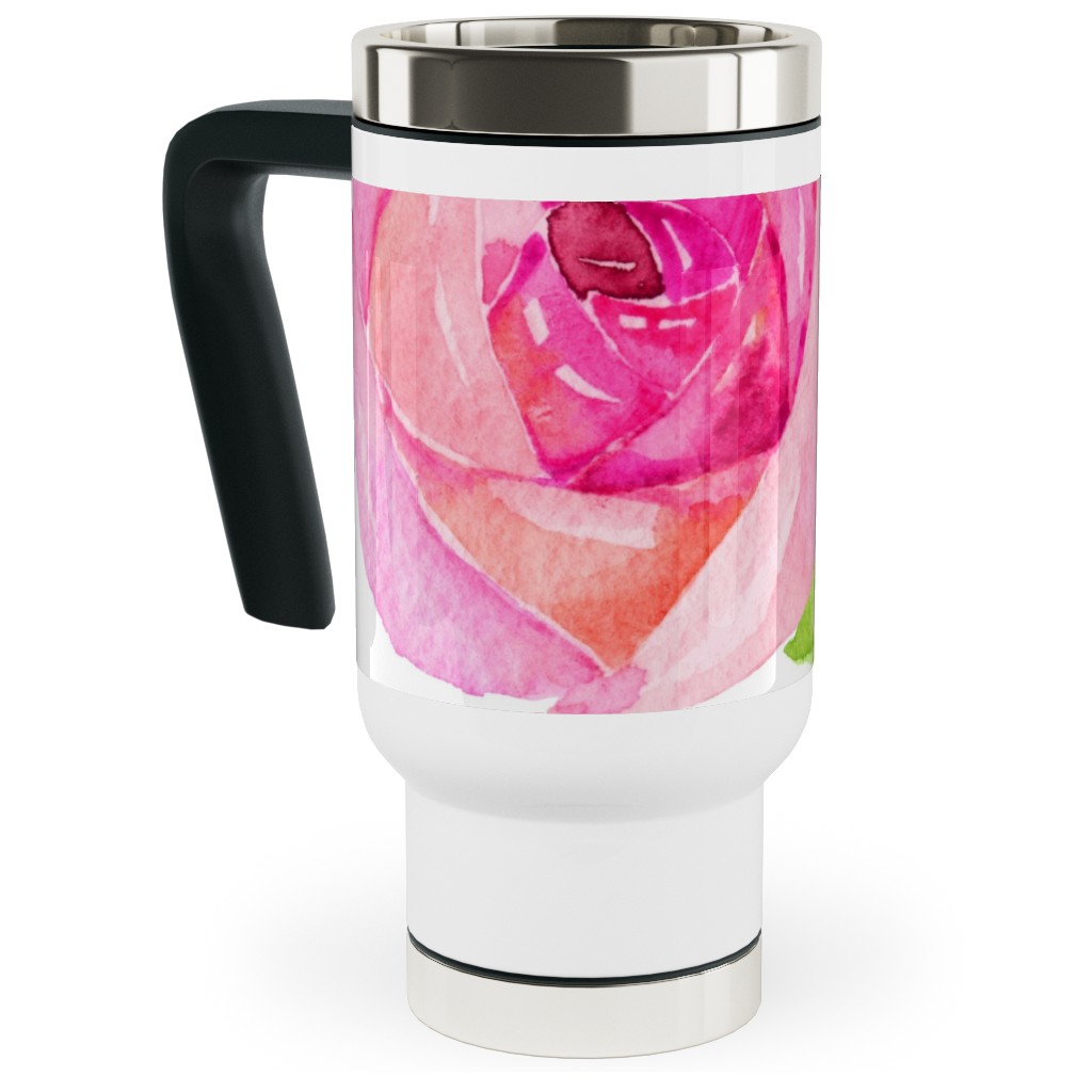 Spring Peonies, Roses, and Poppies - Watercolor Travel Mug with Handle, 17oz, Pink, Bright Pink