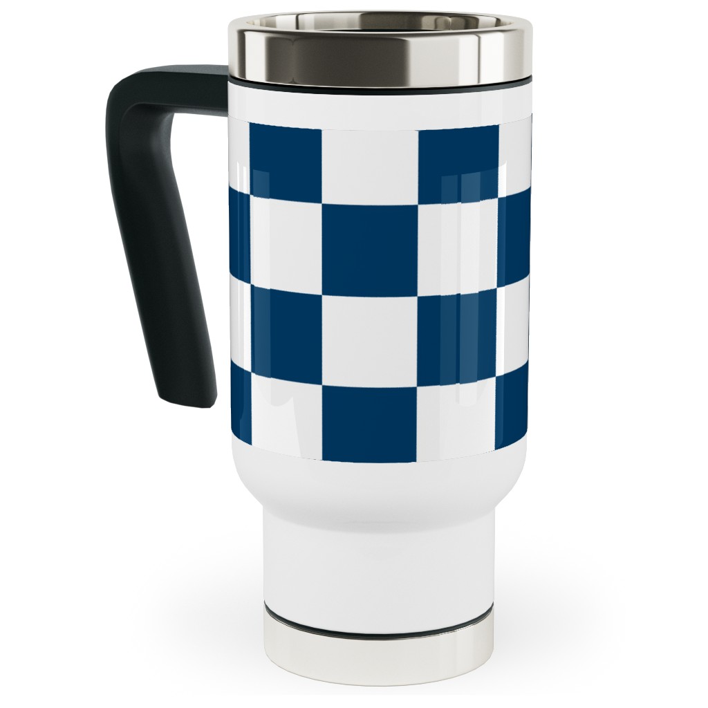 Wonderland Checkerboard - Lonely Angel Blue & White Travel Mug with Handle, 17oz, Blue, True Blue