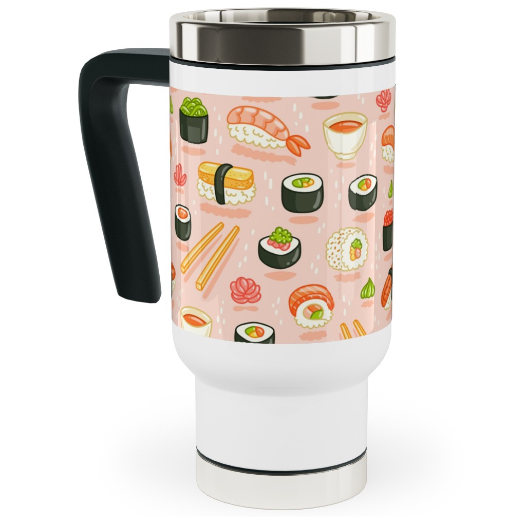 Sushi and Rolls - Pink Travel Mug with Handle, 17oz, Pink, Bright Pink